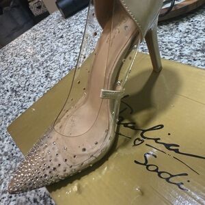 Thalia Sodi Cream Crystal Embellished Heels